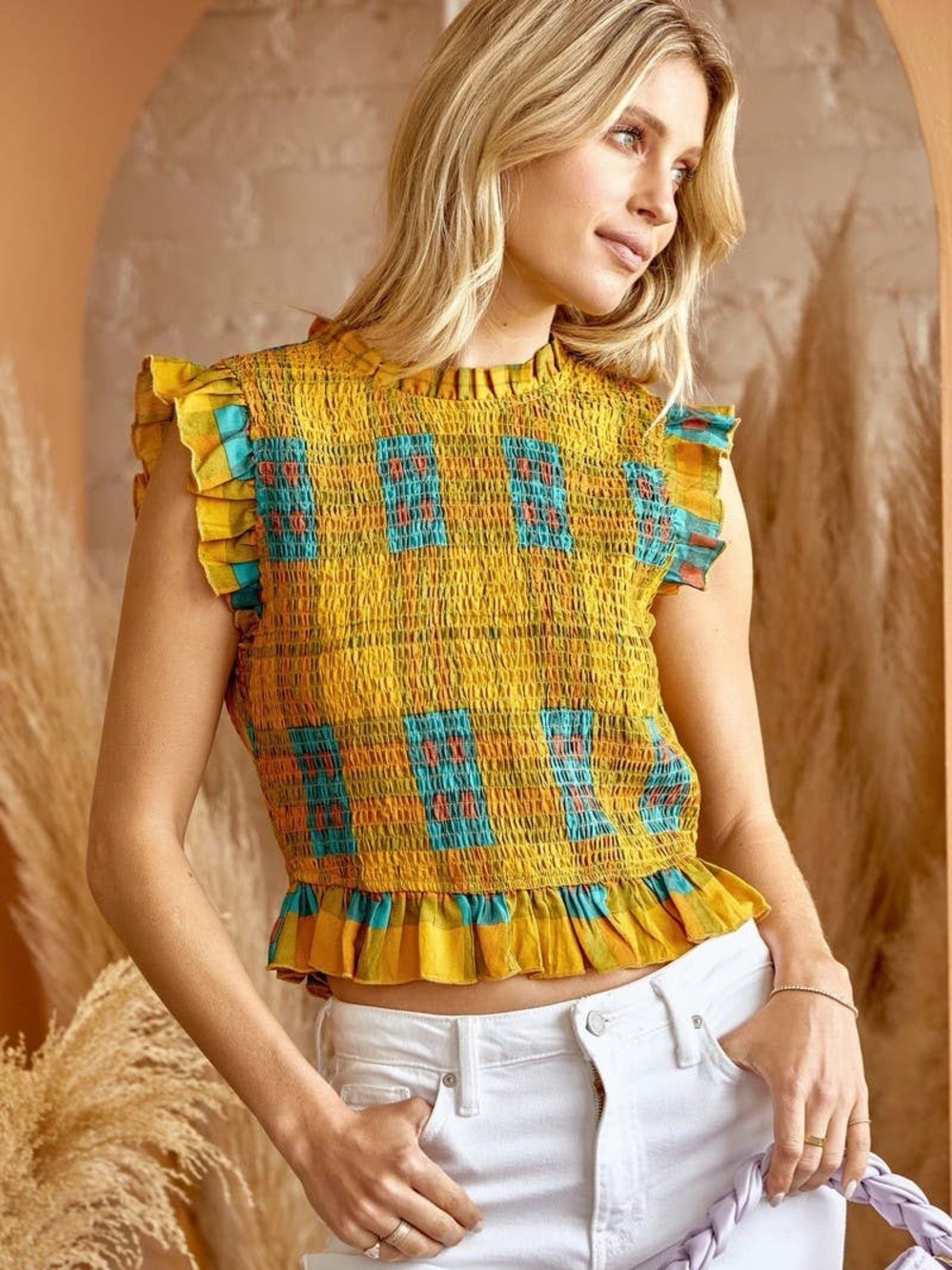Mock neck smocked top